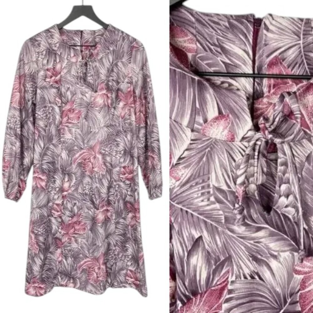 Vintage 70s Boho Floral Mini Dress Women's‎ Medium Purple Pink Long Sleeve